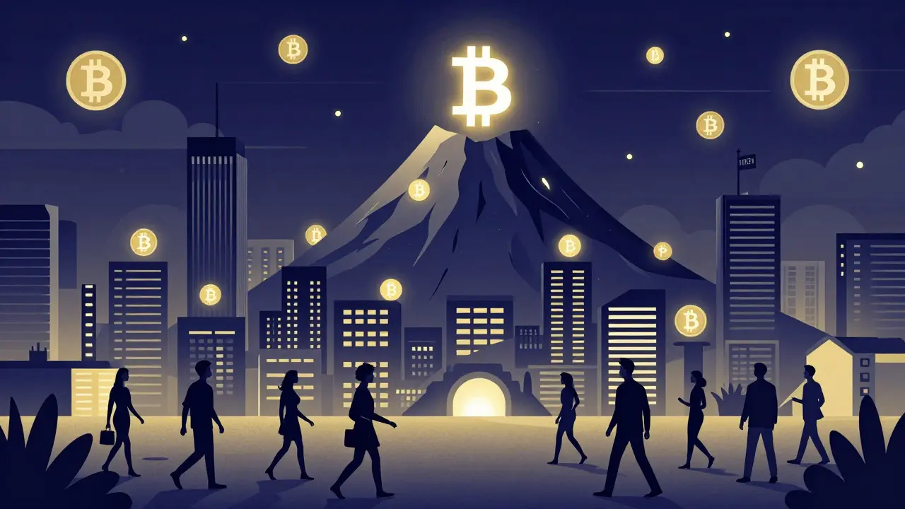 Ciudad Bitcoin construida en volcán, edificios con logotipos de Bitcoin, inversores globales caminan bajo íconos flotantes.