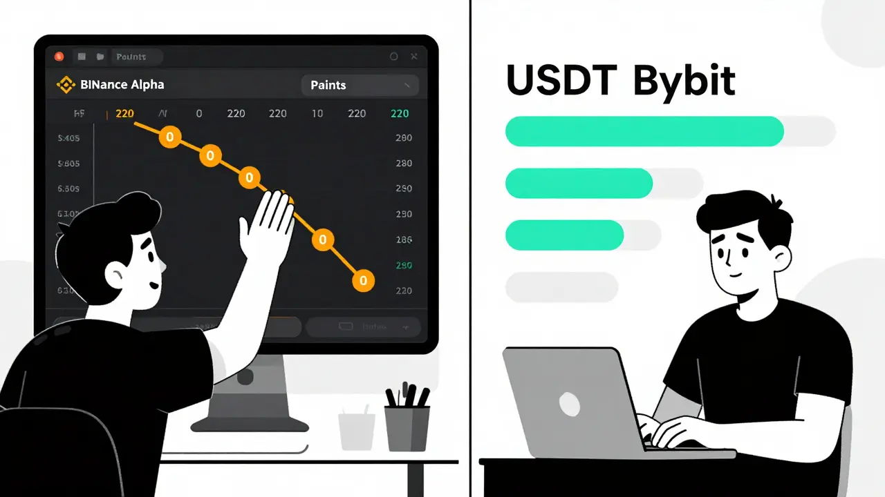 Dos escenas contrapuestas: un usuario con cuenta regresiva y otro estaking USDT, ambos en estilo duotono sin texto.