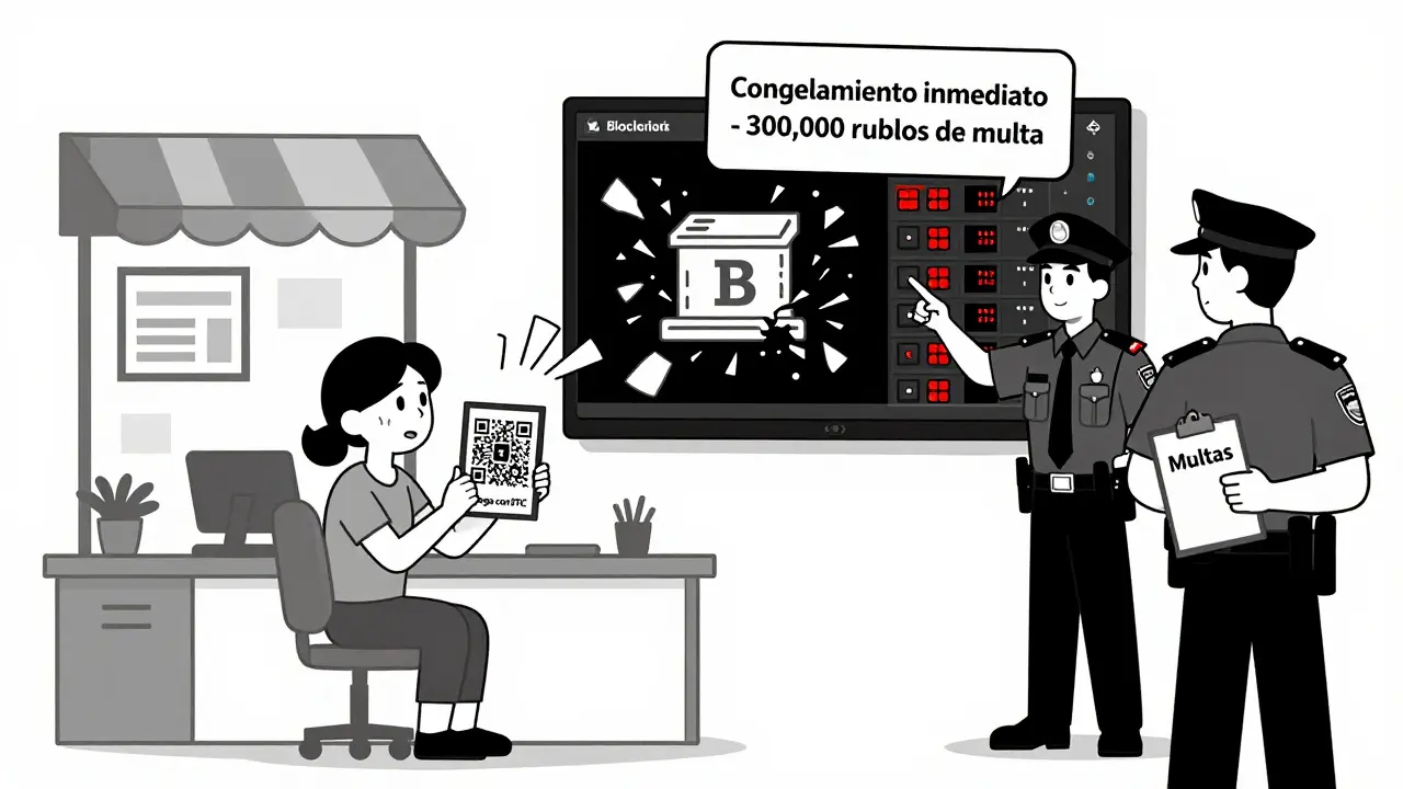Dueño de tienda con código QR de cripto es sancionado por bancos con multas y congelamiento.