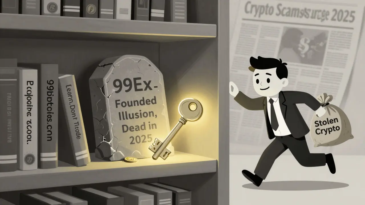 Estantería de libros educativos con un monumento a &#039;99Ex&#039; y una llave de claves privadas, fondo de noticias de estafas.