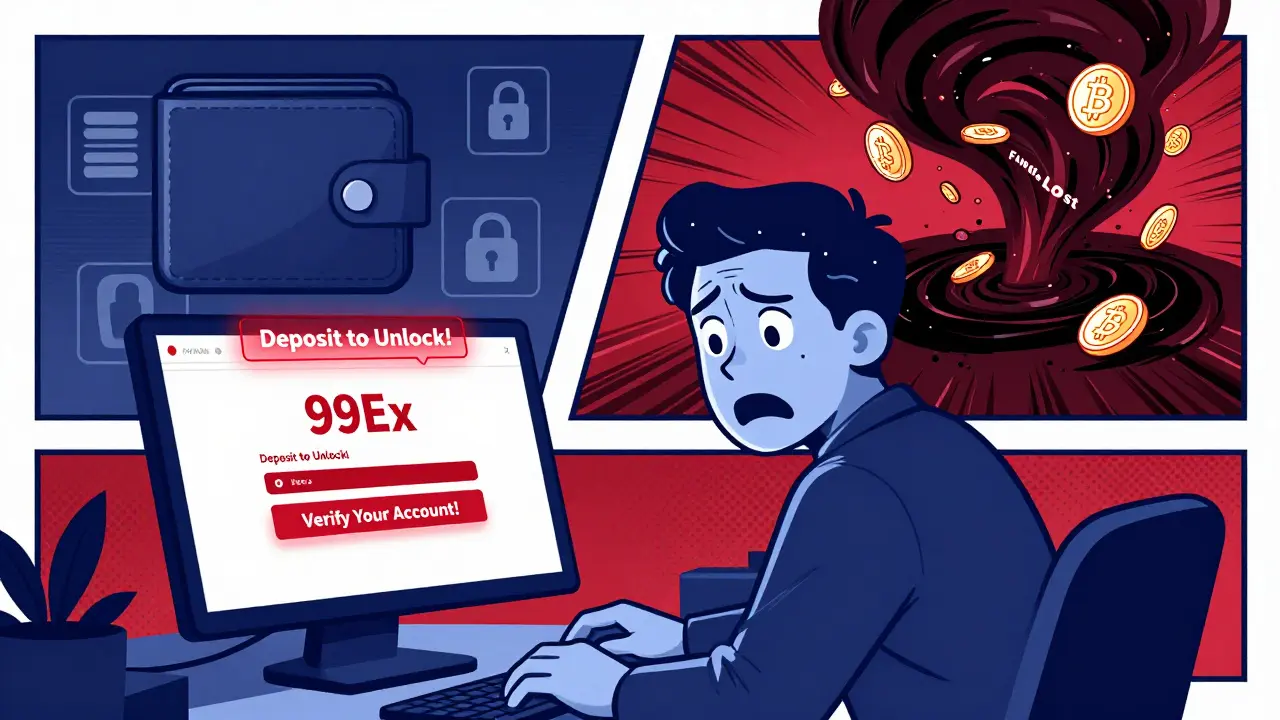 Inversor confundido ante pantalla falsa de 99Ex con alertas rojas, mientras sus fondos caen en un agujero negro.