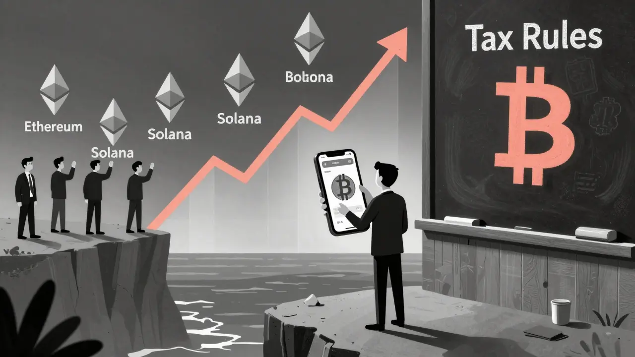 Inversor en acantilado mira gráfica de ganancias de Bitcoin, autoridades eliminan otras criptomonedas de una pizarra, Bitcoin permanece.
