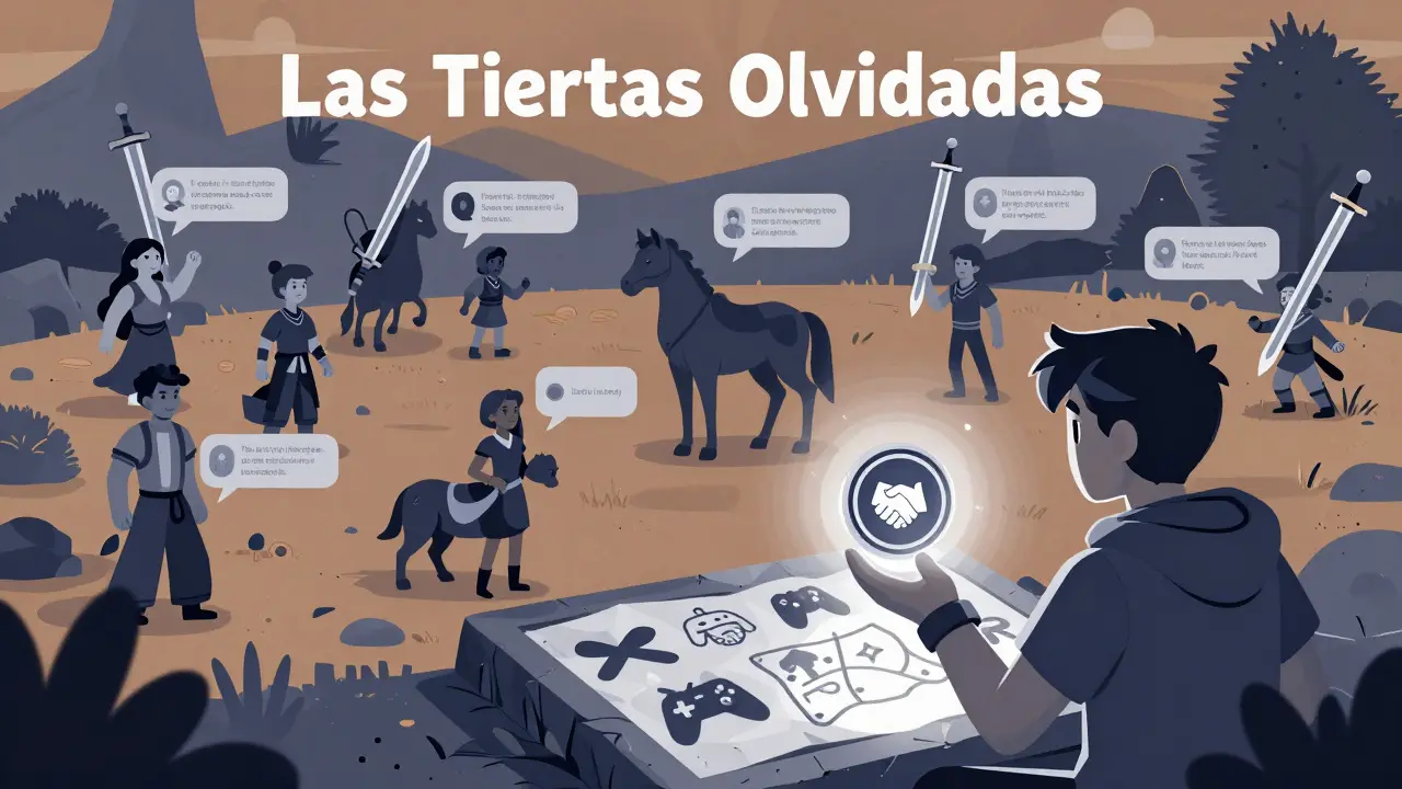 Jugadores en un servidor Discord cuyos personajes exploran una región mágica, con tokens SHARDS iluminando símbolos de comunidad.