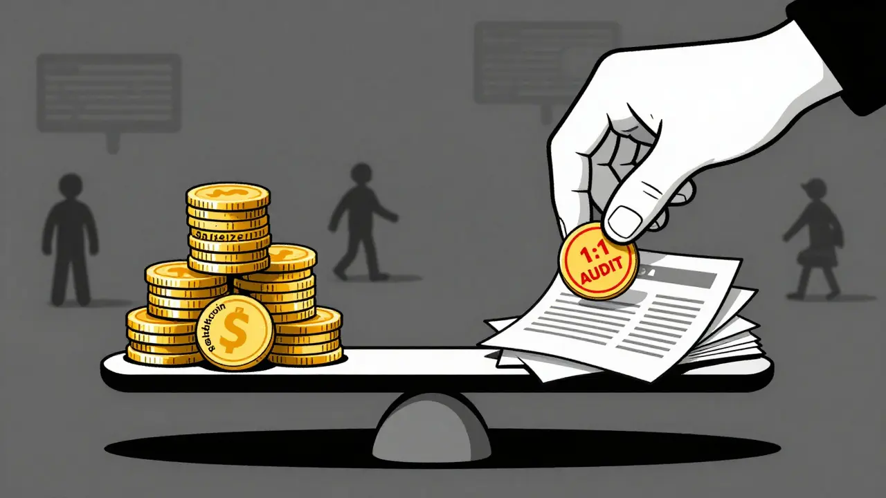 Balanza que verifica reservas 1:1 de stablecoins bajo auditoría oficial.