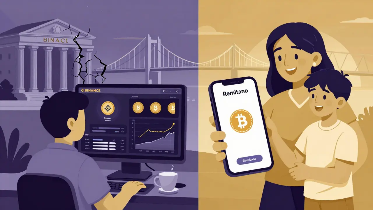 Contraste entre complejidad de intercambios avanzados y simplicidad de Remitano para usuarios comunes.