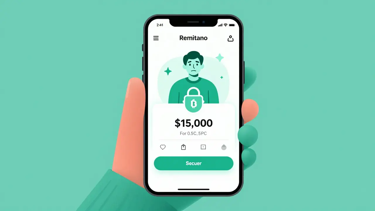 Interfaz simple de Remitano mostrando una transacción segura de Bitcoin con escrow.