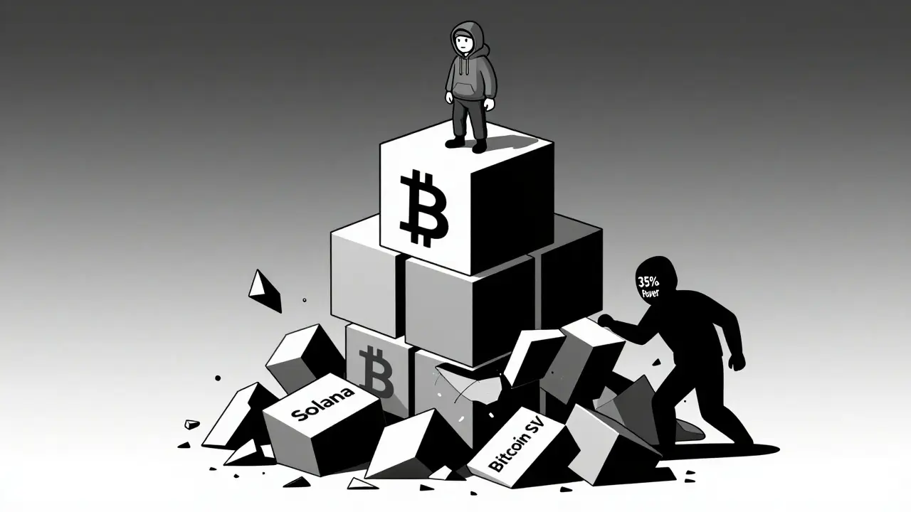 Minero sobre una cadena de Bitcoin estable mientras bloques rápidos colapsan bajo un atacante con máscara de poder de hash.