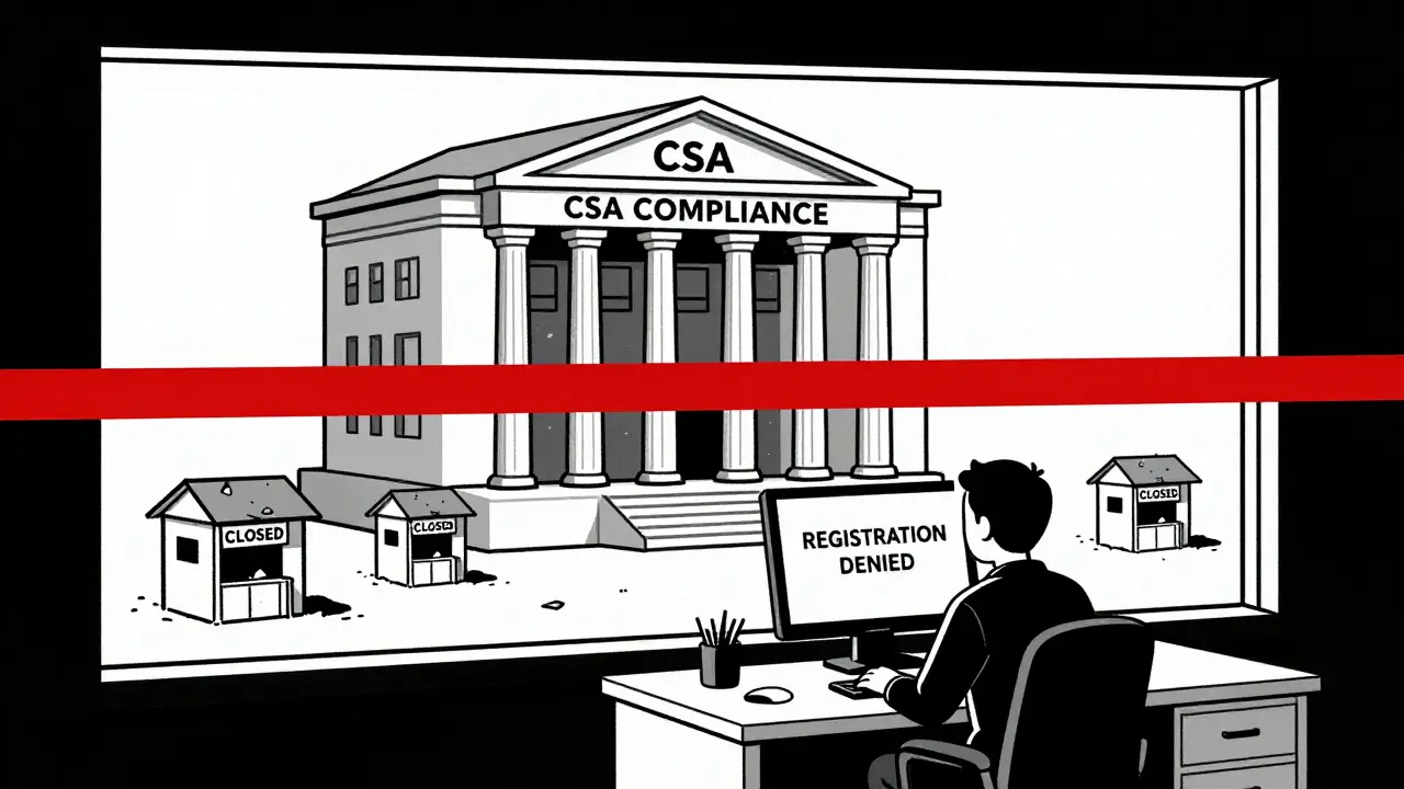Oficina de intercambio pequeño rechazada mientras una entidad regulatoria domina el horizonte.