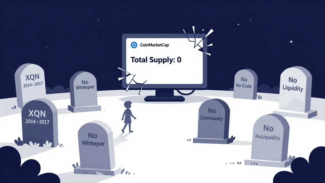 Un cementerio digital con lápidas de criptomonedas muertas bajo una pantalla que muestra oferta cero.