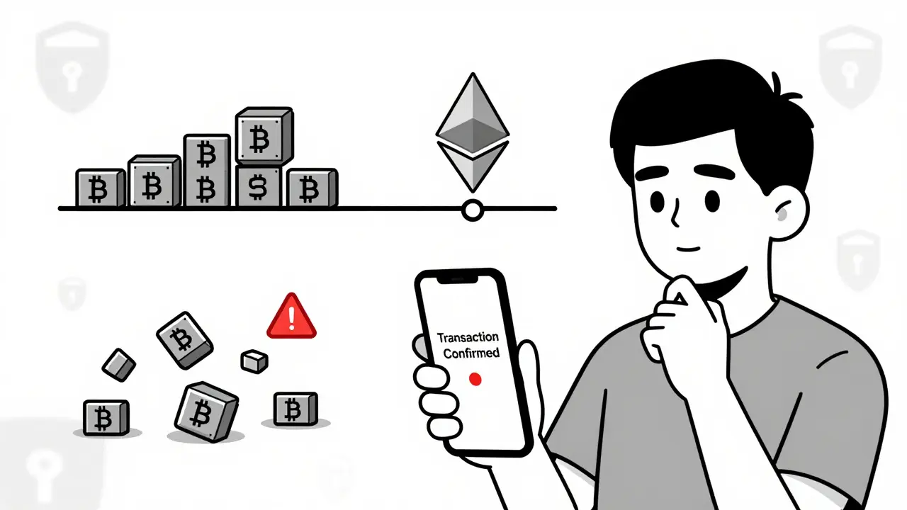 Usuario con alerta de transacción rodeado por tres líneas de bloques: segura, dudosa y caótica, en estilo duotono.