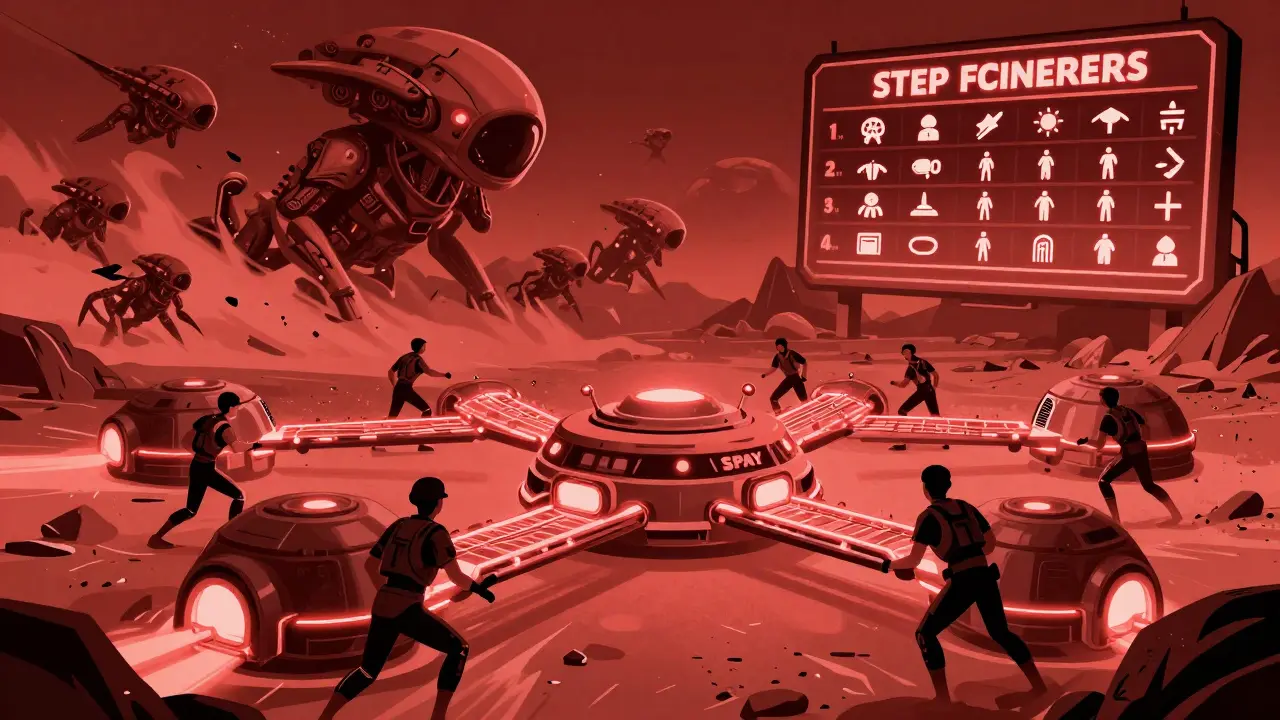 Alianza de jugadores en Marte uniendo sus bases con energía SPAY para repeler una invasión alienígena masiva.