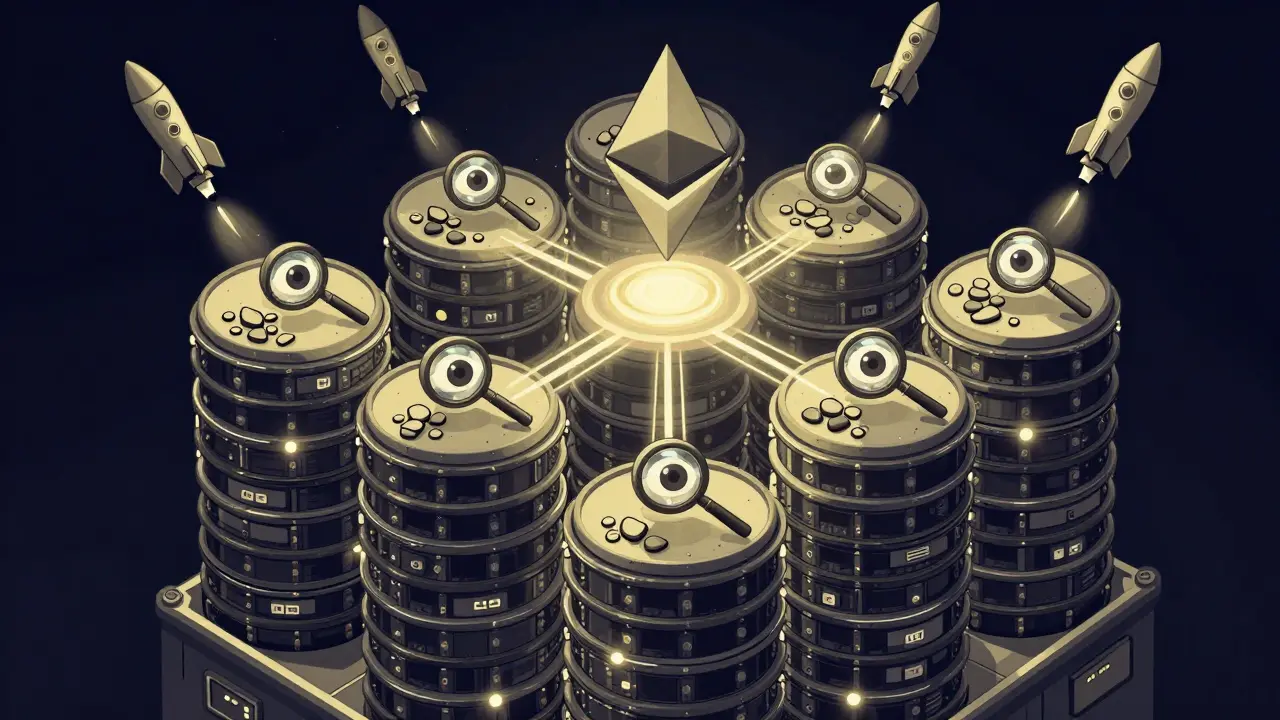 Almacenes de datos en forma de módulos flotantes, con ojos de lupa muestreando fragmentos aleatorios.