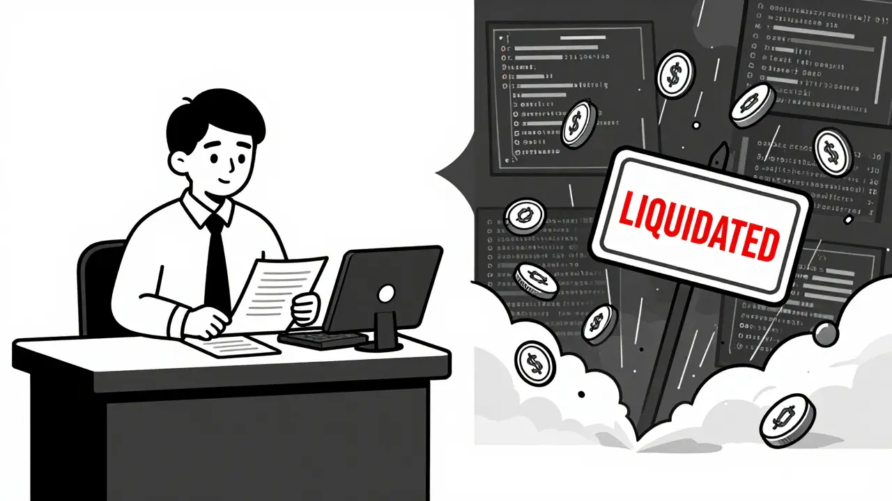 Contraste entre banca tradicional y DeFi automatizado en estilo ilustrado duotono.