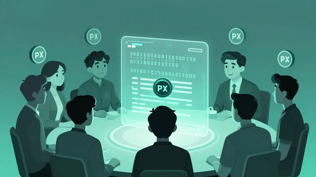 Grupo de personas votando con tokens PEX frente a un código de contrato inteligente flotante.