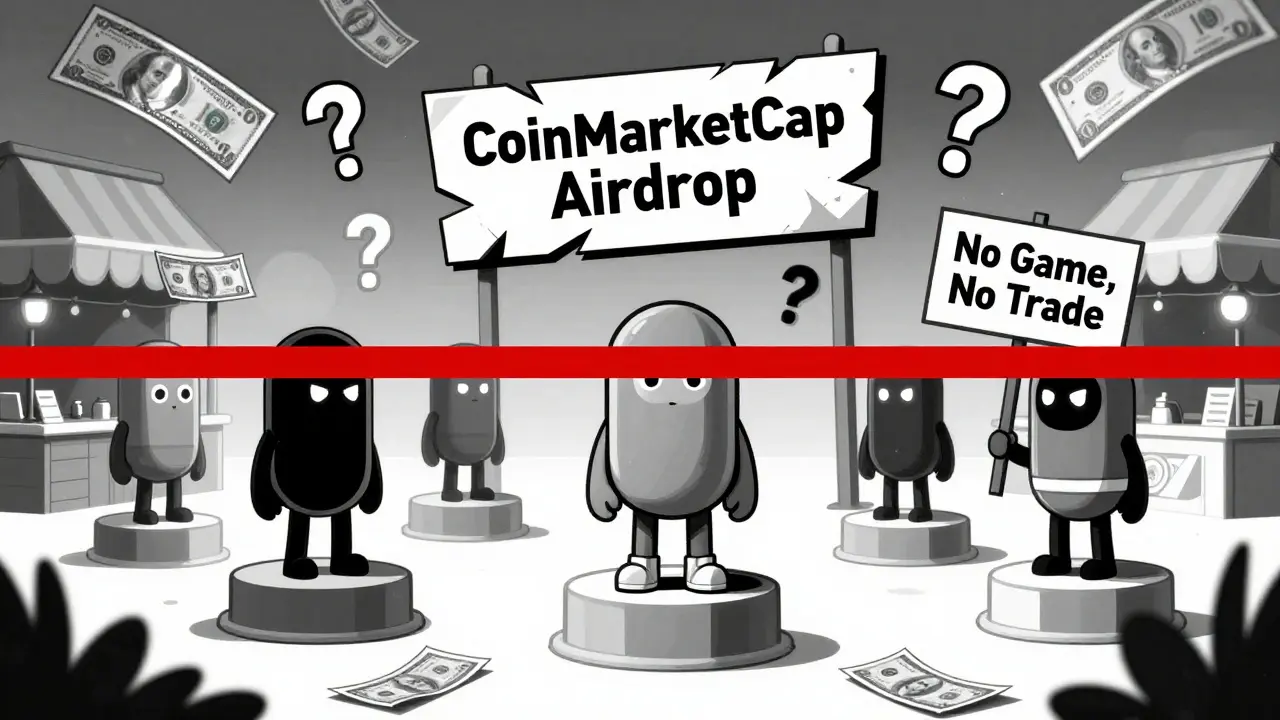 Héroes NFT inmóviles en un mercado vacío bajo un letrero roto, con símbolos de cero flotando en el aire.