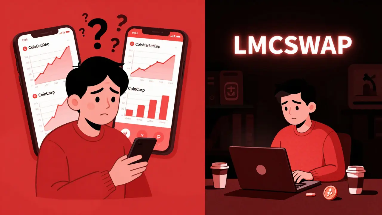 Inversor confundido frente a gráficos contradictorios de precio, rodeado de tokens LMCSWAP y oscuridad.