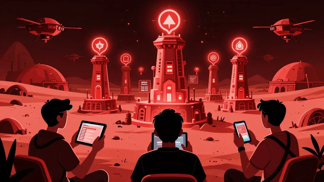 Tres jugadores defienden sus bases marcianas con torres NFT en pantallas holográficas, bajo un cielo rojizo.