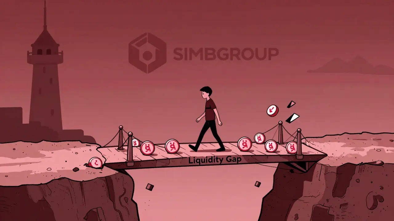 Una persona cruza un puente de tokens que se desmorona, mientras una empresa sombría observa desde lejos.