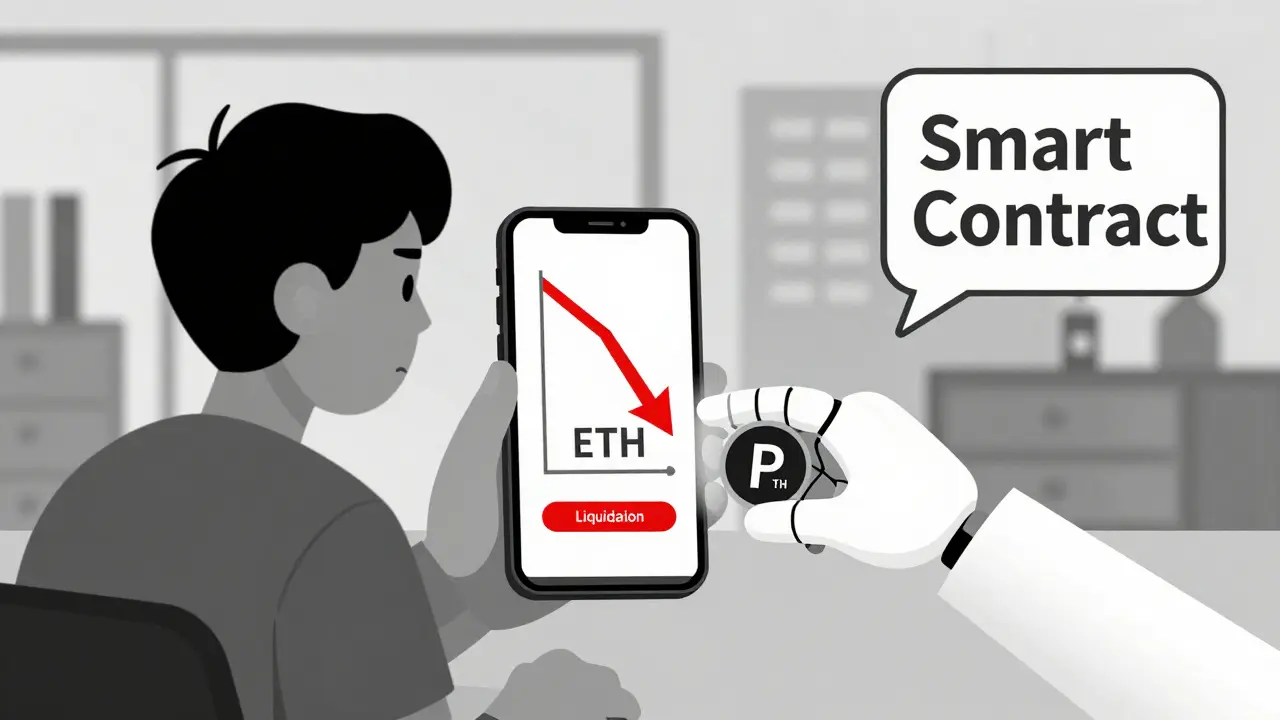 Usuario alertado por liquidación automática en DeFi con mano robótica tomando ETH.