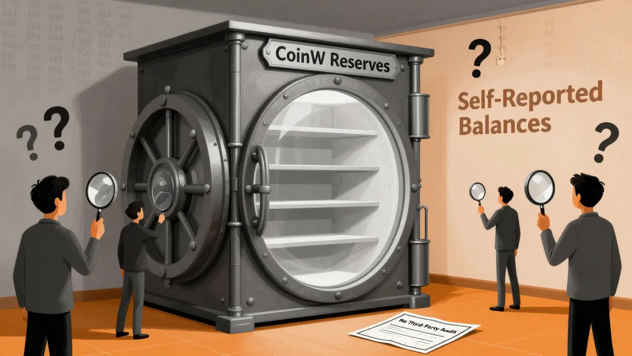 Cofre vacío de CoinW con cifras no verificables y certificado de falta de auditoría.