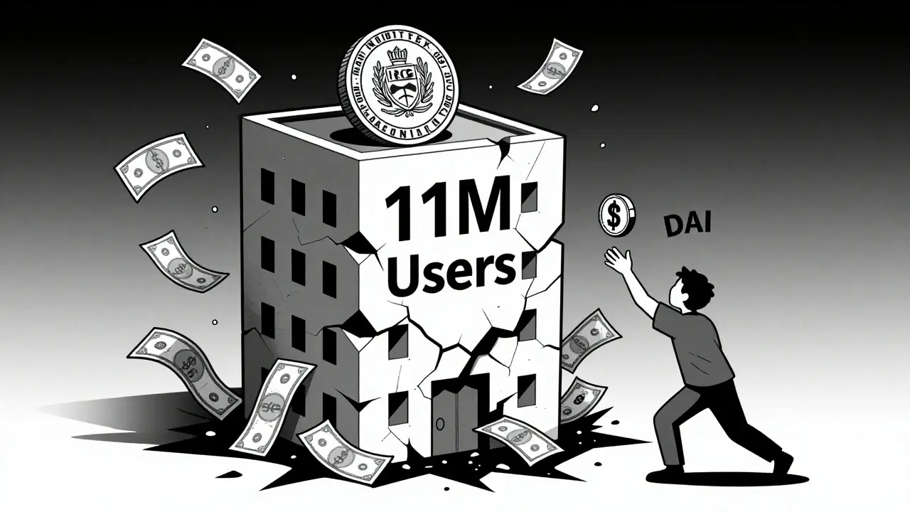 Edificio Nobitex colapsando mientras el gobierno y el IRGC lo aplastan, con monedas cayendo en un abismo.