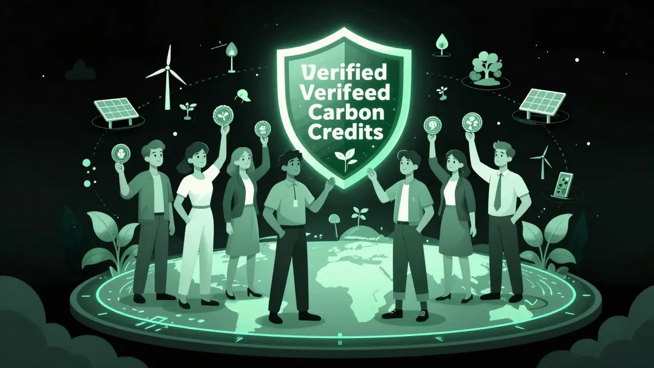 Equipo desarrollando un escudo de créditos de carbono verificados, con energías renovables y reforestación alrededor de un globo digital.