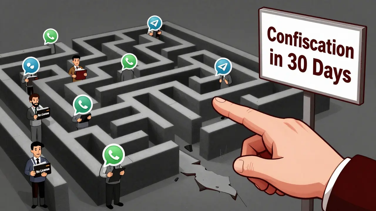 Laberinto de apps informales con usuarios atrapados, mientras una mano gubernamental señala la confiscación.