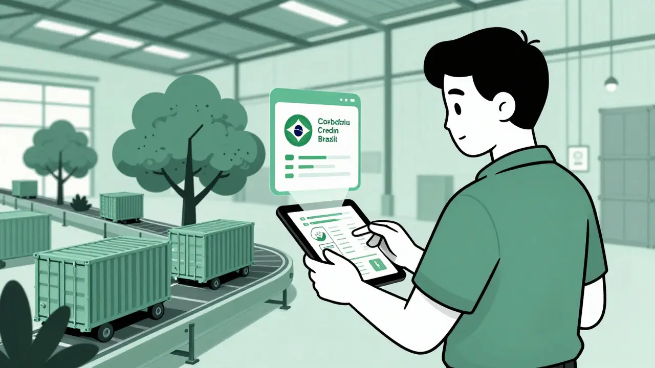 Trabajador escanea un producto que muestra en tiempo real créditos de carbono verificados desde Brasil e India.