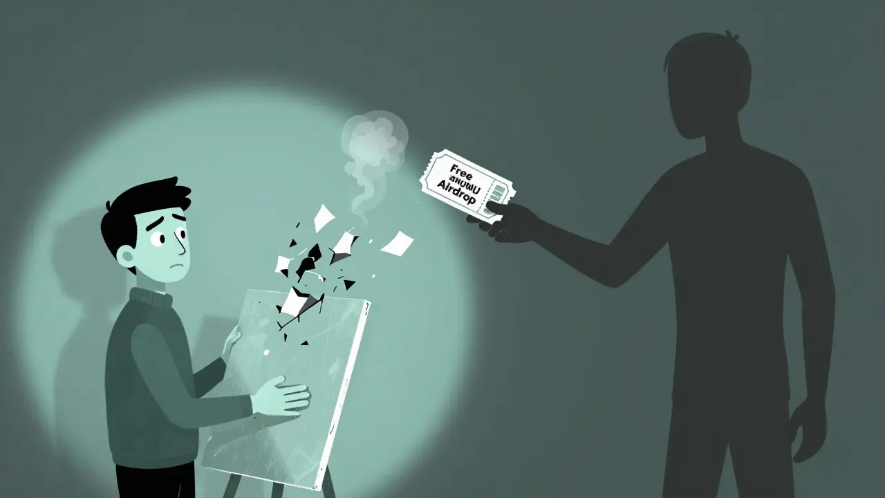 Un artista sostiene un NFT que se desintegra mientras recibe boletos de un airdrop que se desvanece.