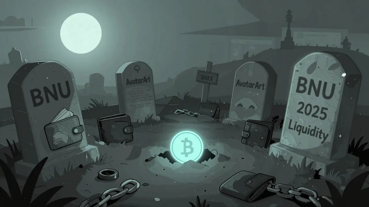 Un cementerio digital con tumbas de proyectos cripto muertos, bajo una luz fría de luna.