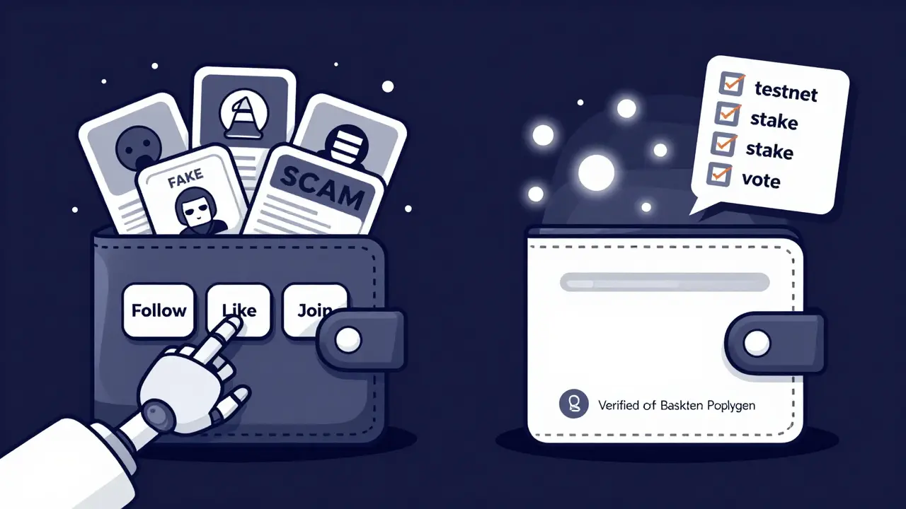 Una billetera digital interactúa con cadenas reales mientras otra se llena de NFTs falsos, en un contraste visual claro.