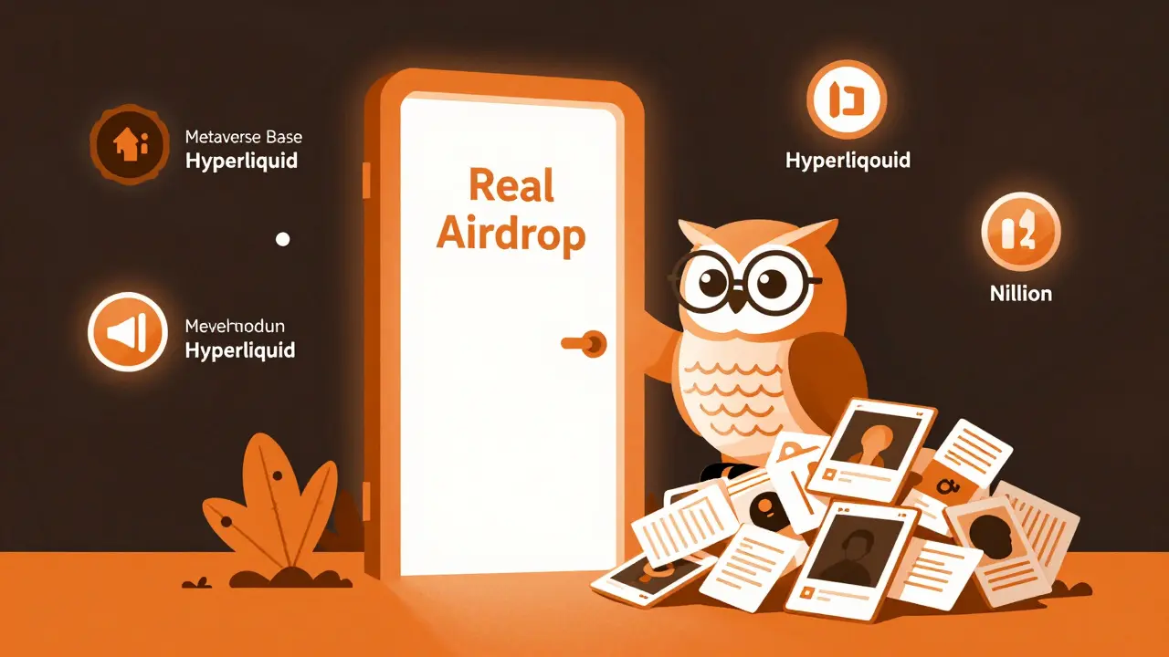Una puerta de airdrop real está protegida por un búho sabio, mientras proyectos verificados brillan en el fondo.
