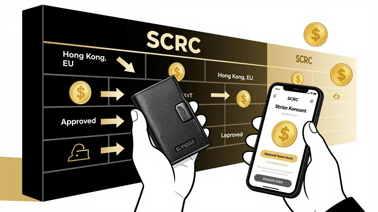 Usuario usa billetera segura mientras stablecoins extranjeras son bloqueadas por un muro regulatorio.