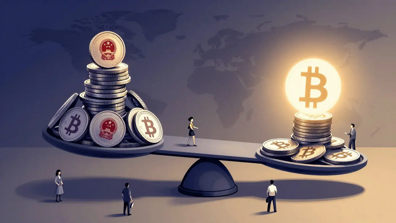 Balanza simbólica entre yuan digital controlado y Bitcoin libre, rodeada de figuras globales y mapas.