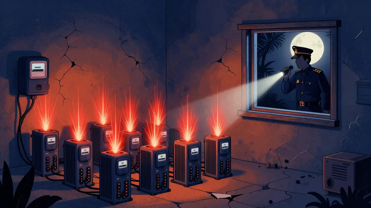 Casa kuwaití con equipos de minería sobrecargando la electricidad, inspector mirando por la ventana, estilo duotono azul y naranja.