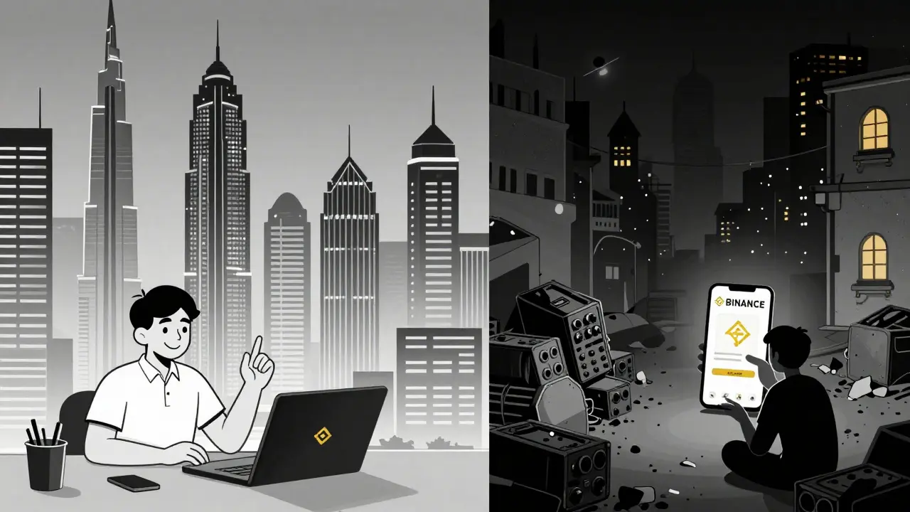 Ciudad dividida: Dubái brillante vs Kuwait apagado, ciudadano mirando pantalla bloqueada, estilo duotono monocromo con toques dorados.