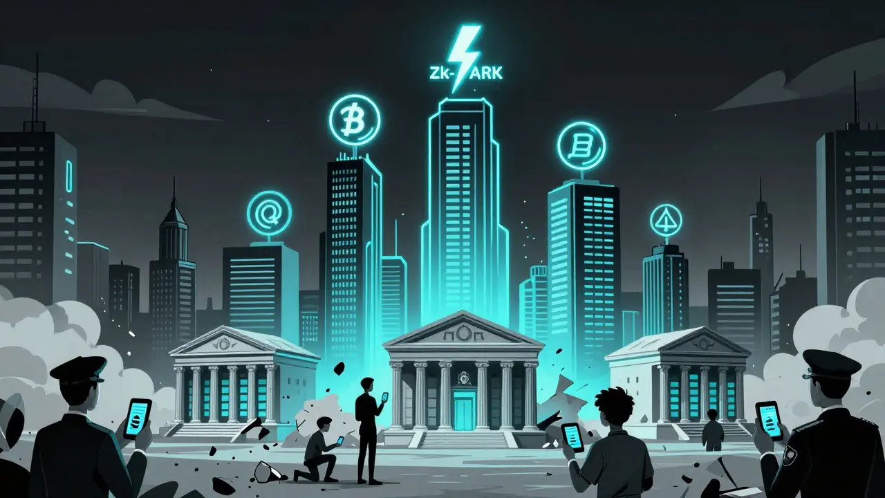 Ciudad futura con torres blockchain y tecnologías de privacidad reemplazando bancos tradicionales.