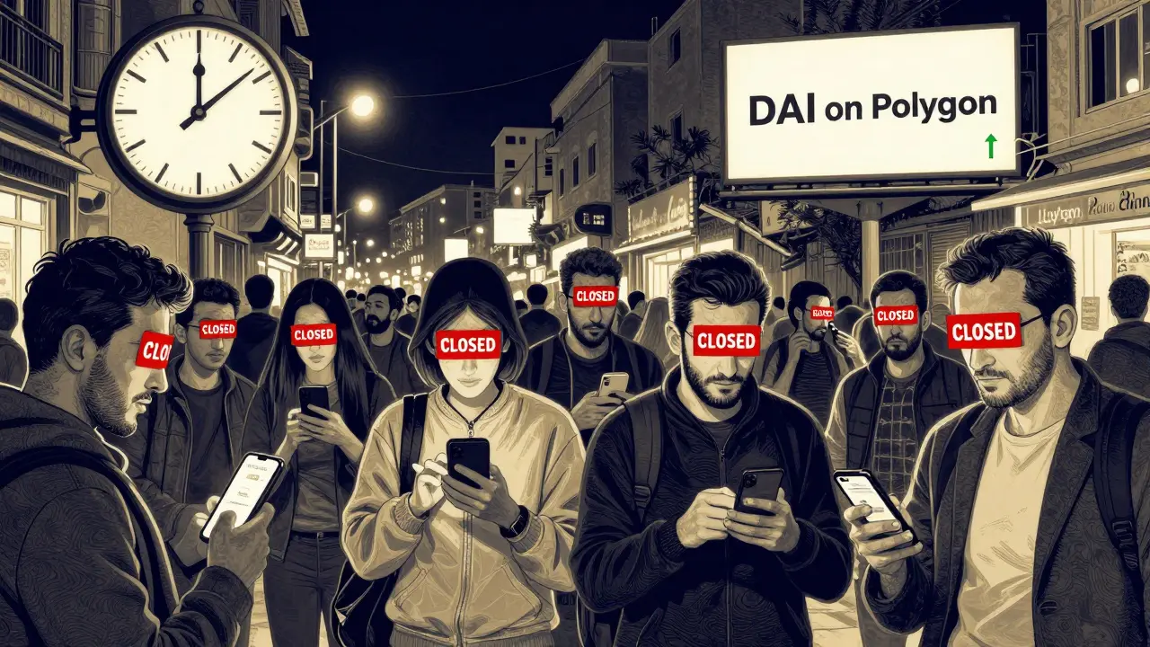 Ciudadanos en una calle nocturna de Teherán mirando pantallas de intercambios de cripto cerrados entre las 8 p.m. y 10 a.m.