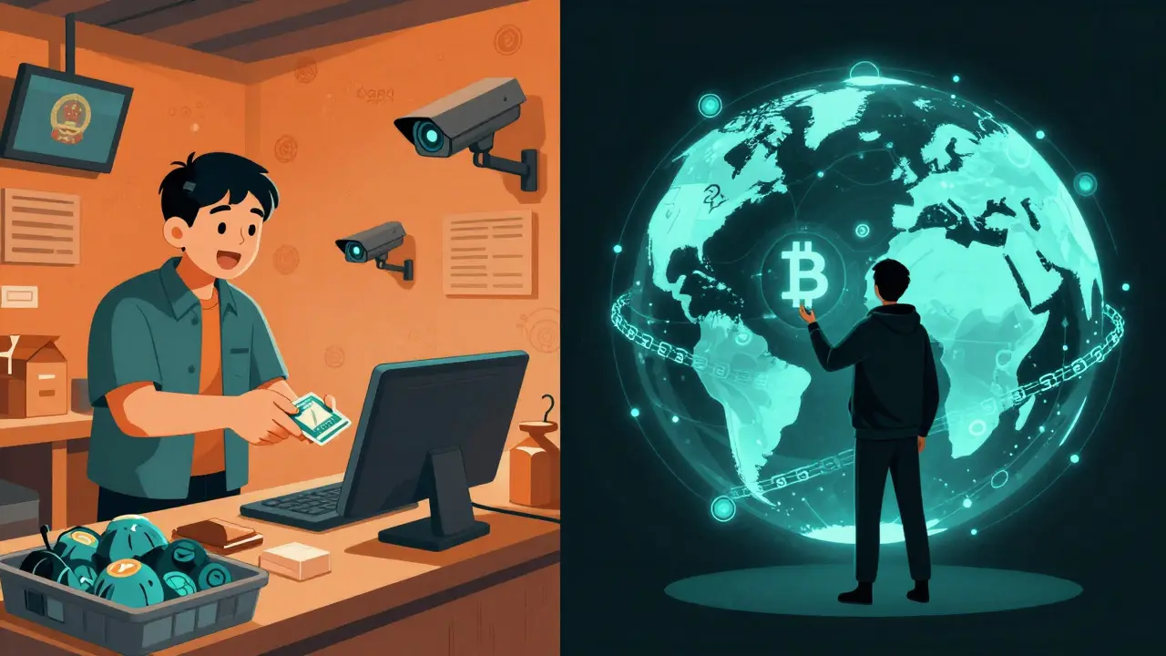 Escena dividida: ciudadano usando yuan digital mientras otro envía Bitcoin con VPN, bajo vigilancia y libertad.