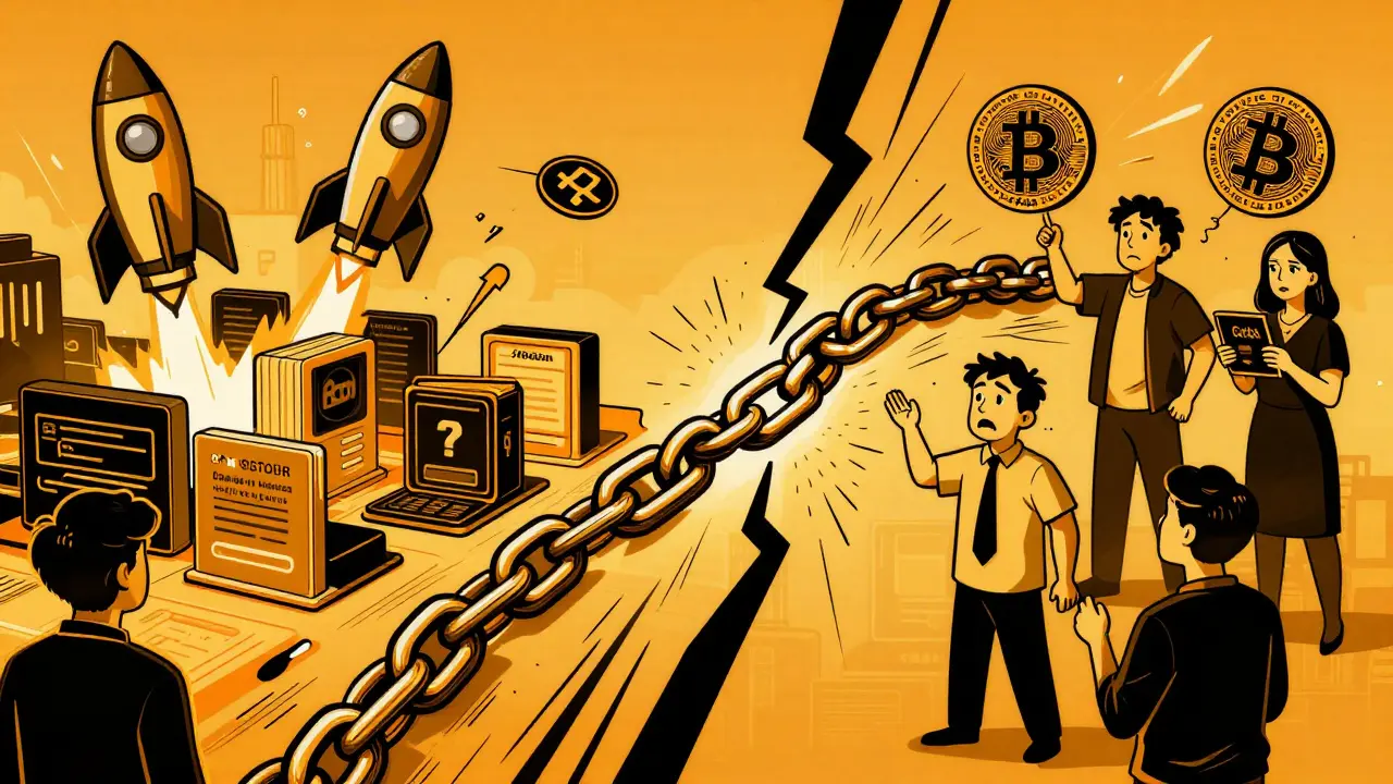 Fork en una cadena de bloques dividida en Bitcoin y Bitcoin Cash con usuarios confundidos.