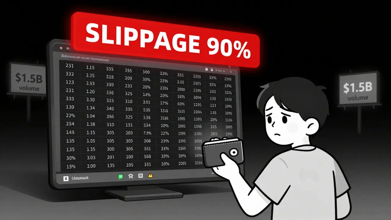 Un principiante mira una interfaz de intercambio con tarifas de gas que consumen su compra de daCAT.