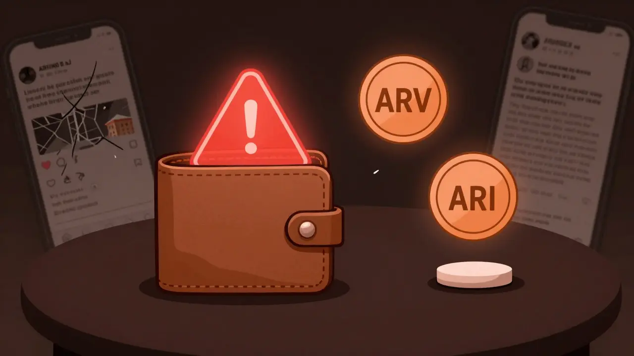 Una billetera con advertencia y dos tokens: ARV inestable y ARI legítimo.