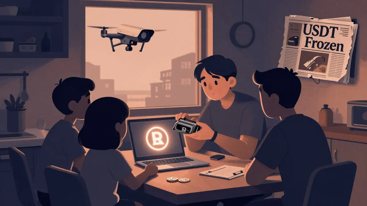 Una familia transfiere DAI en una billetera fría con una red Polygon brillante, mientras un dron los observa desde fuera.