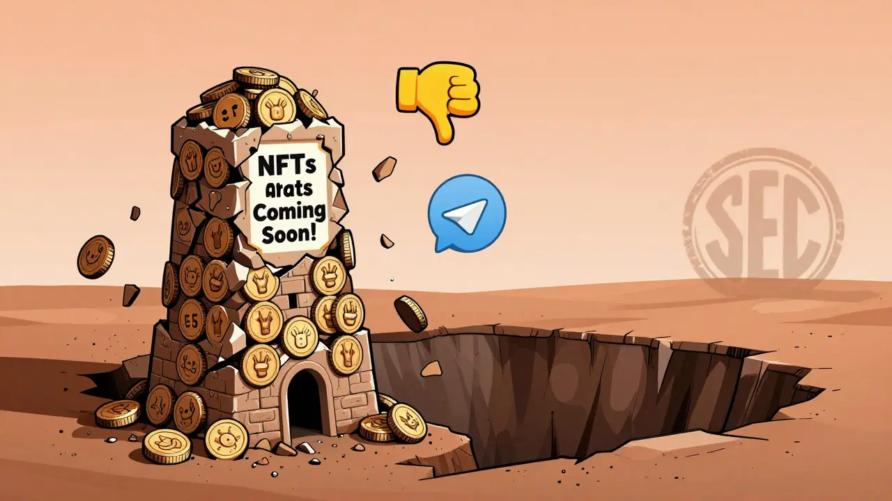 Una torre de tokens daCAT se derrumba mientras una etiqueta &#039;NFTs Próximamente&#039; se desvanece.