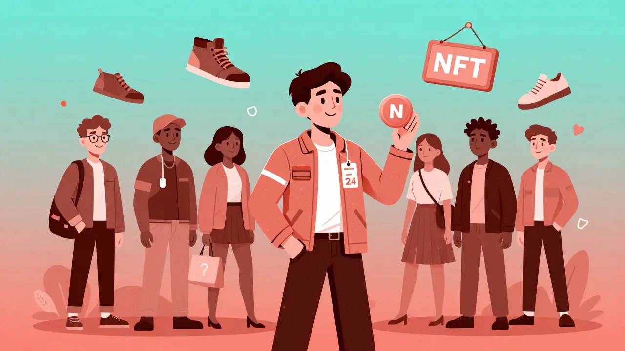 Avatares en un mercado del metaverso intercambian accesorios digitales como ropa y tokens NFT en un entorno colorido.