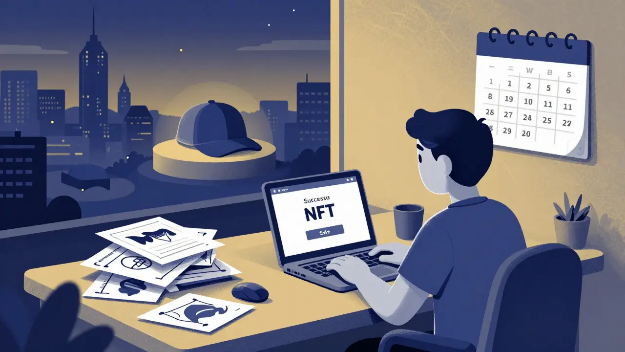 Un creador mira una notificación de venta exitosa mientras descarta diseños fallidos, con un sombrero exitoso iluminado en el centro.