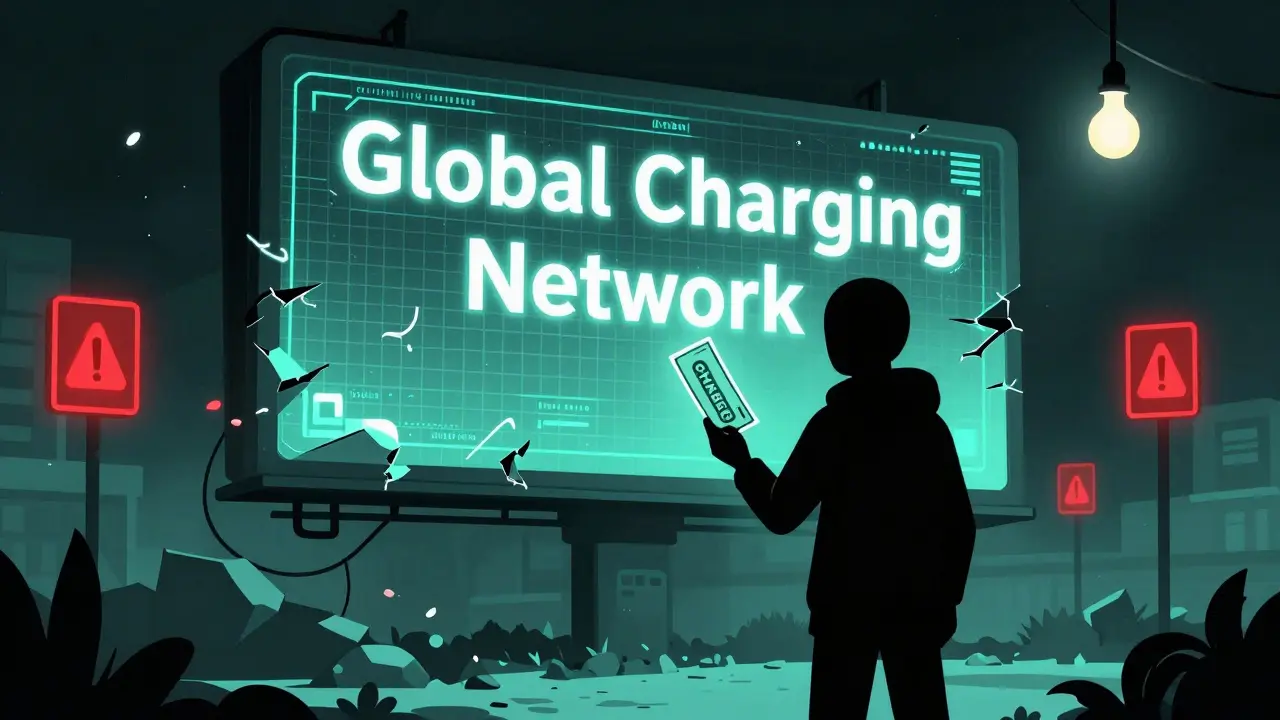 Una figura oscura sostiene un token CHARGED frente a un cartel digital roto que promete una red global de carga.