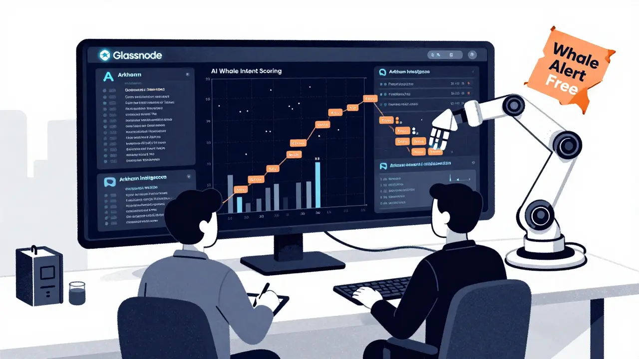 Analistas usan paneles digitales para rastrear carteras fragmentadas de whales, con IA identificando patrones reales.