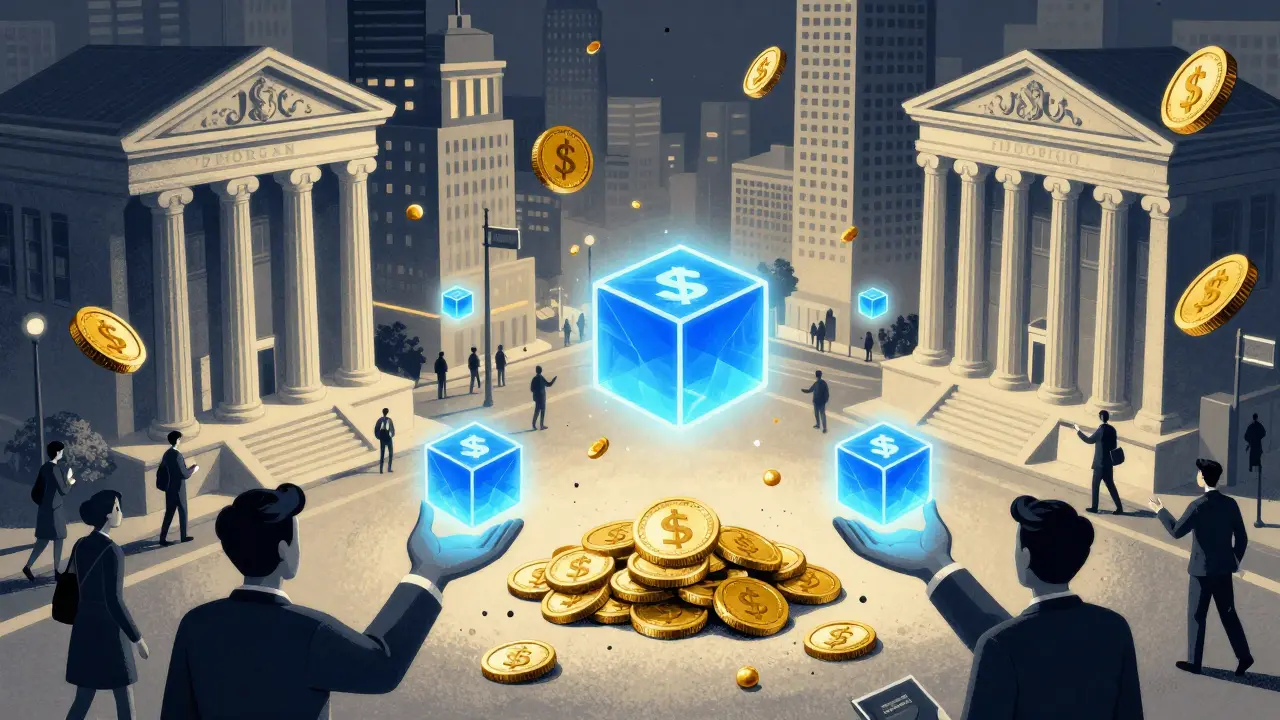 Bancos entregan stablecoins respaldadas por bonos del Tesoro en una plaza financiera ilustrada.