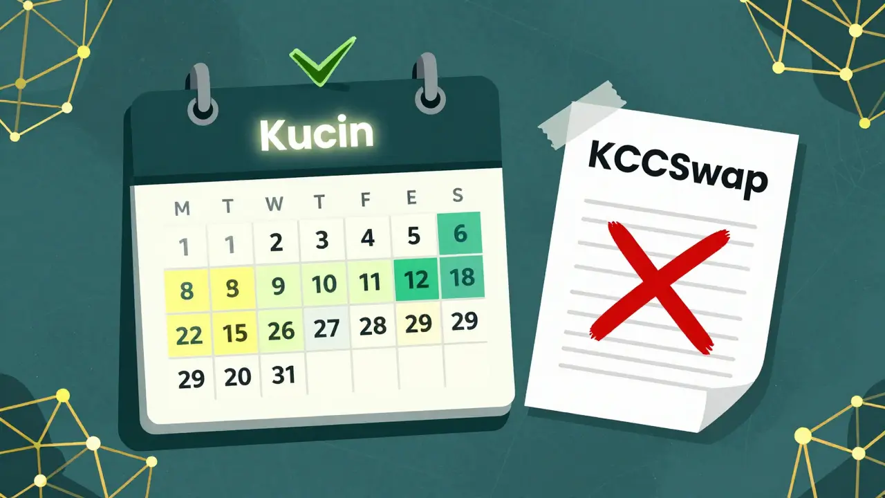 Calendario oficial de KuCoin con airdrops reales destacados, mientras un cartel de KCCSwap desgarrado y marcado con X está en el suelo.